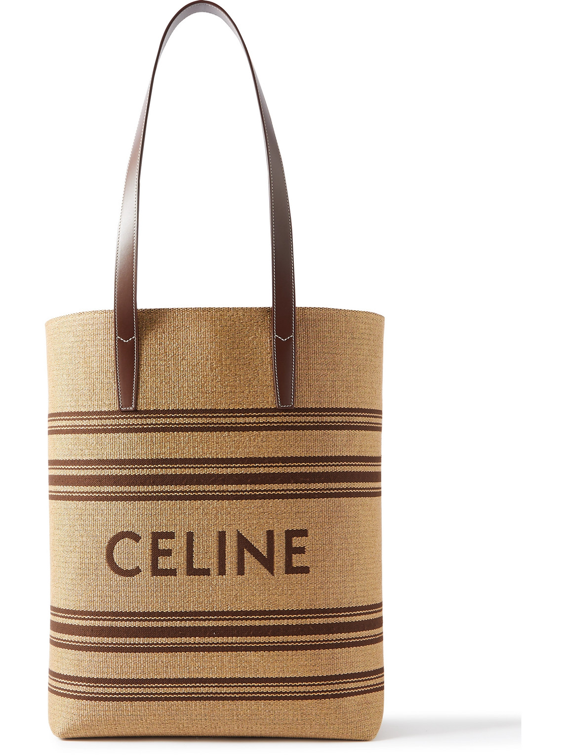 Celine Striped Logo-embroidered Leather-trimmed Raffia Tote In Neutral