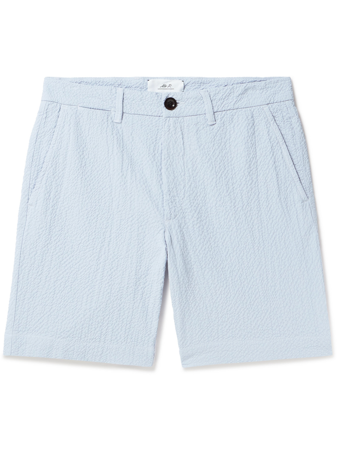 Mr P Slim-fit Straight-leg Stretch-cotton Seersucker Shorts In Blue