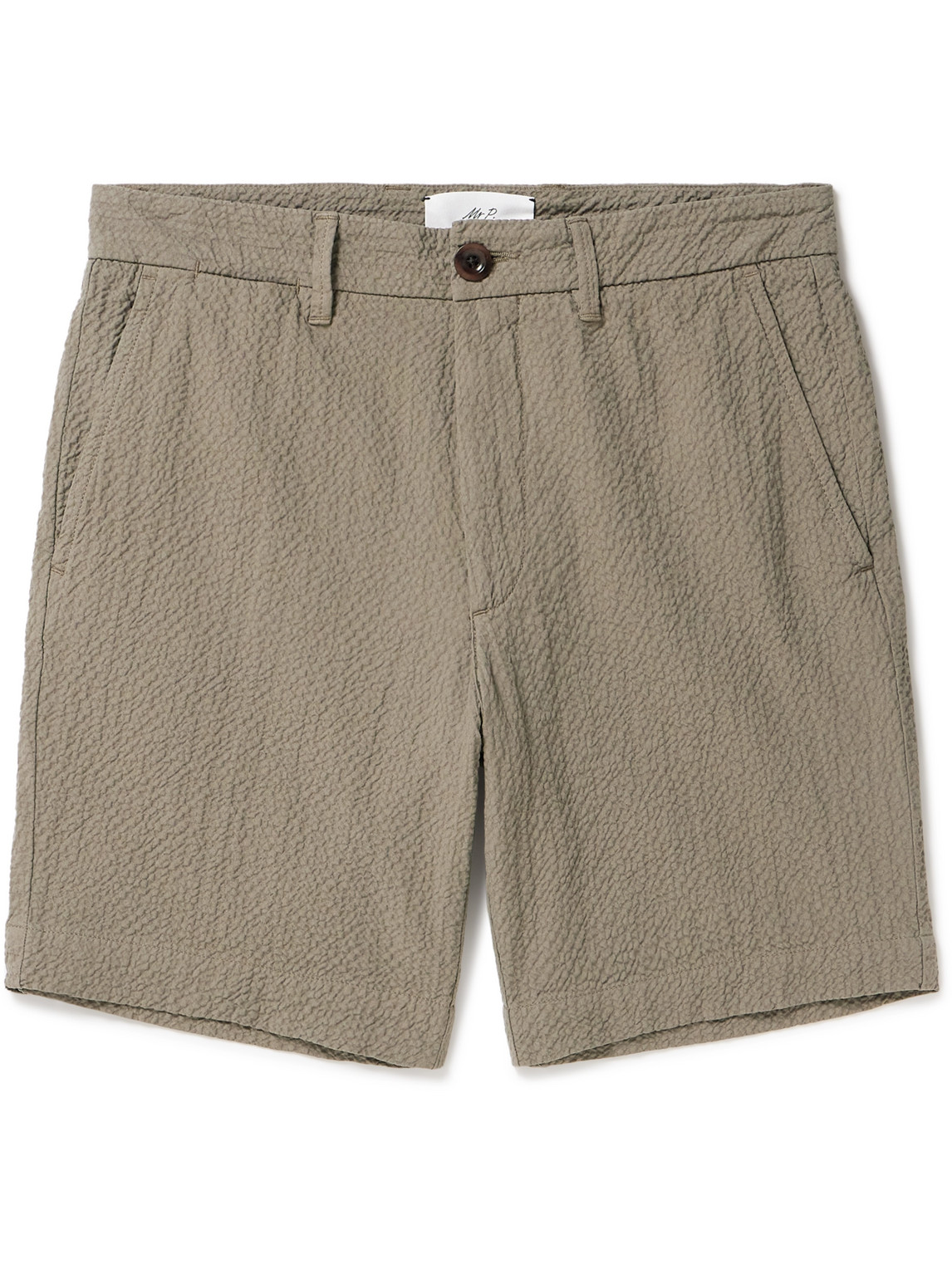 Mr P Slim-fit Straight-leg Stretch-cotton Seersucker Shorts In Brown