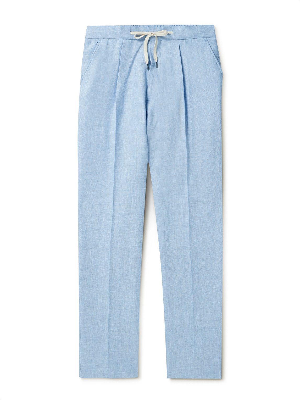 Mr P Tapered Pleated Virgin Wool, Linen And Silk-blend Drawstring Trousers In Blue