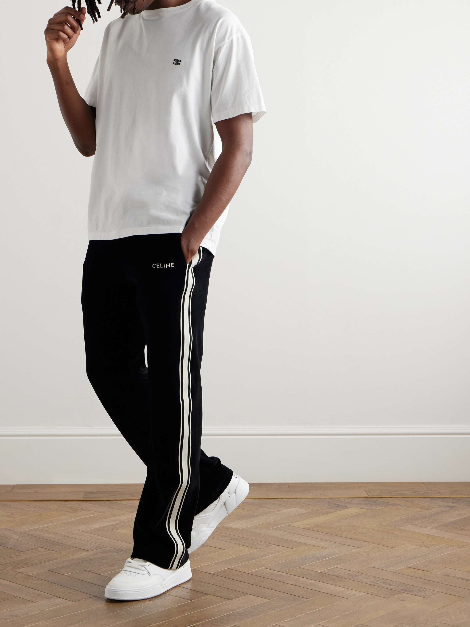 CELINE HOMME Straight-Leg Logo-Embroidered Striped Cotton-Blend Velvet  Sweatpants for Men | MR PORTER
