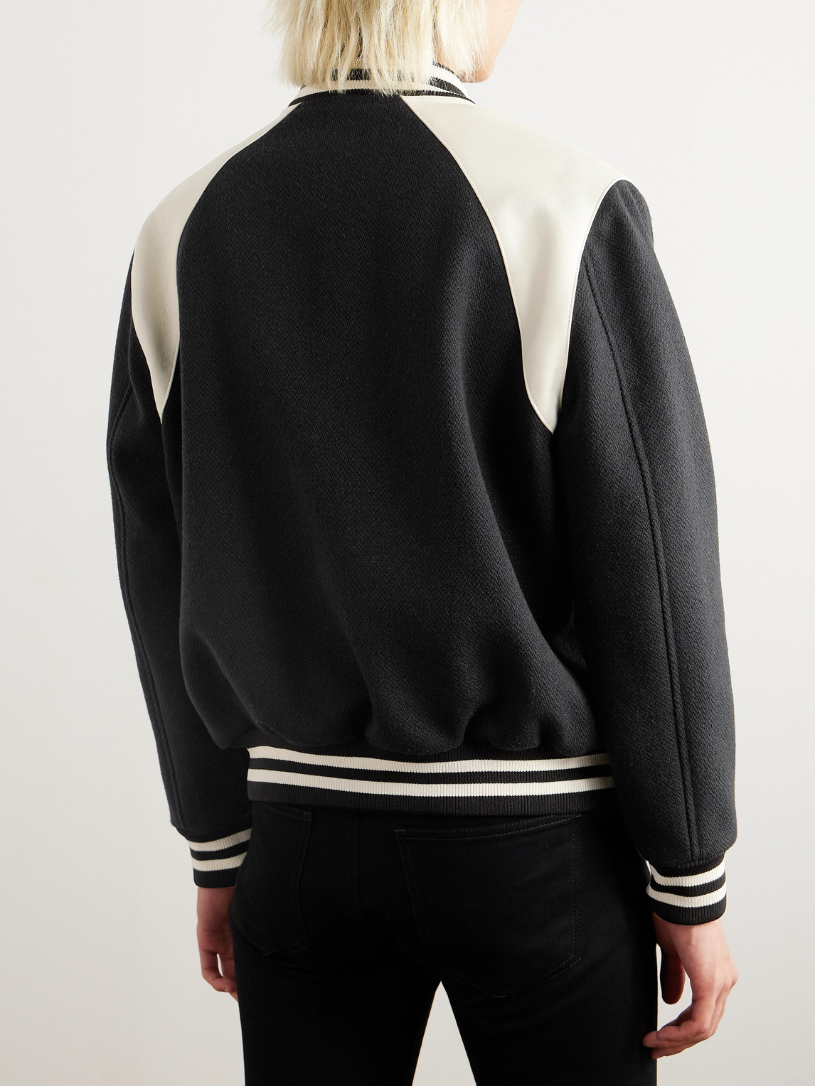 Celine Teddy Striped Colour-block Leather-trimmed Virgin Wool-blend Varsity Jacket In Black