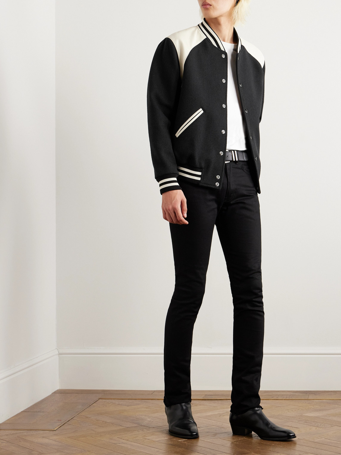 Celine Teddy Striped Colour-block Leather-trimmed Virgin Wool-blend Varsity Jacket In Black