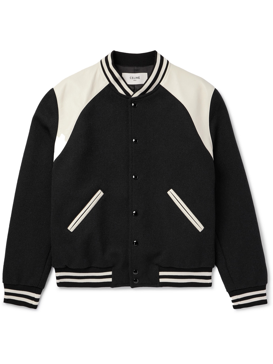 Celine Teddy Striped Colour-block Leather-trimmed Virgin Wool-blend Varsity Jacket In Black