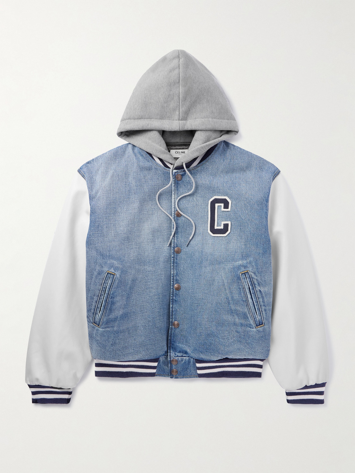 Teddy Logo-Appliquéd Denim, Leather and Jersey Hooded Varsity Jacket