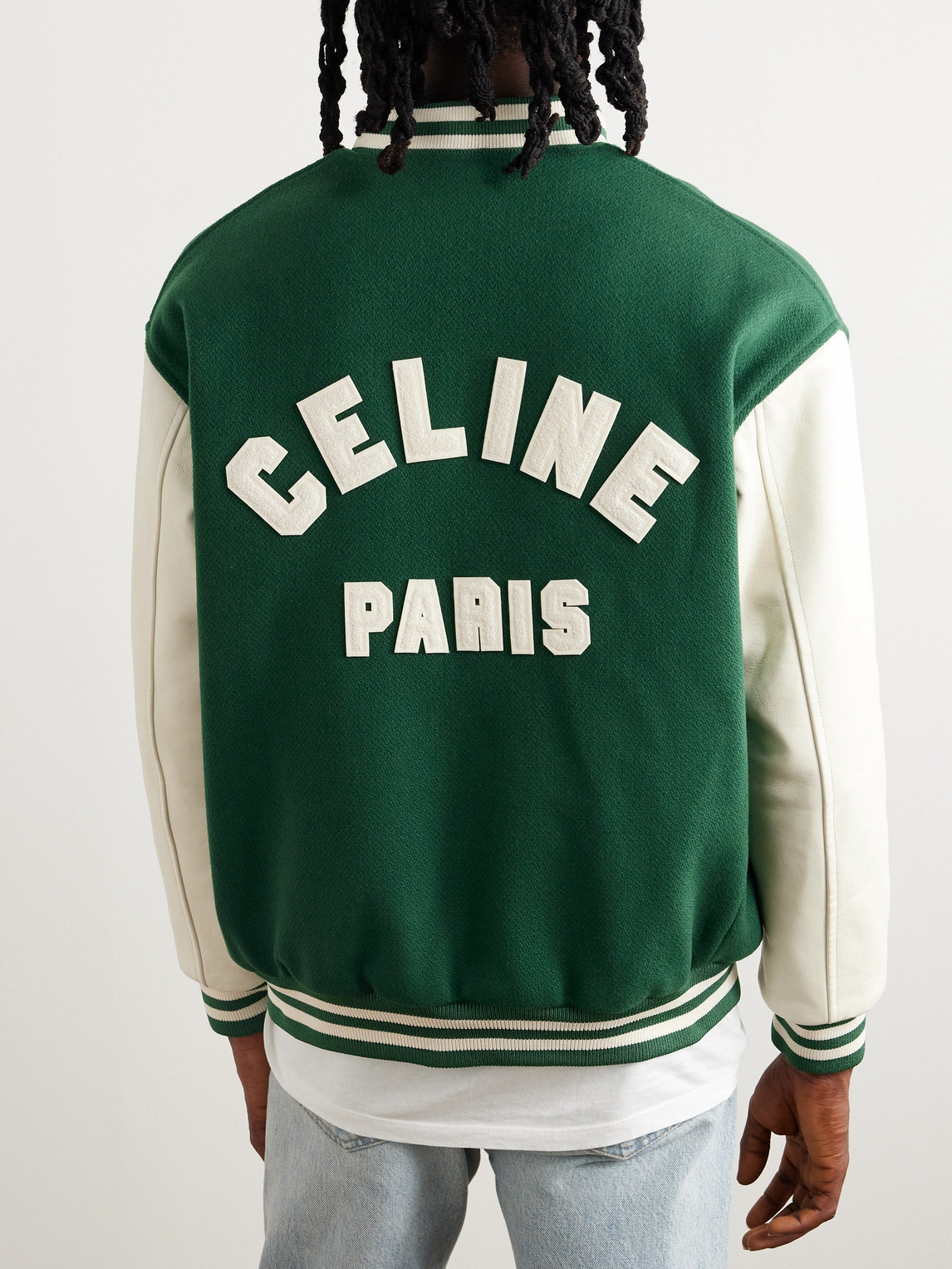 Celine Teddy Logo-appliquéd Wool-blend And Leather Varsity Jacket In Animal Print