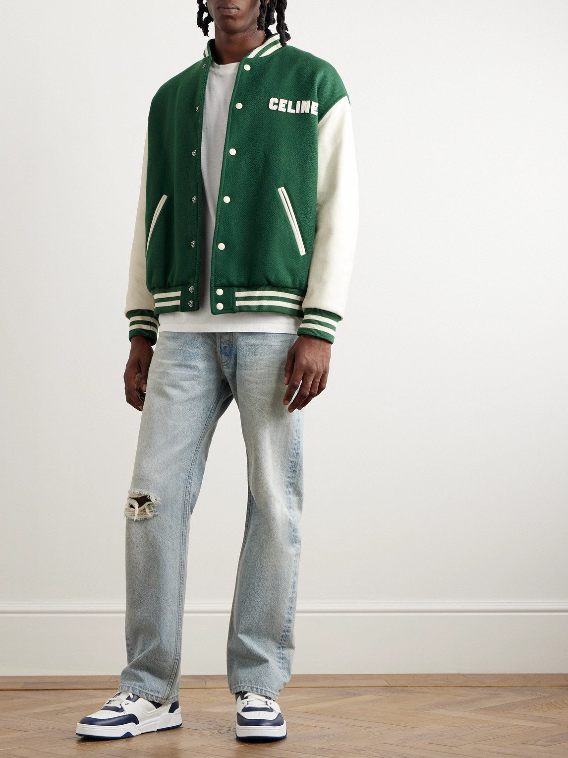 Celine Teddy Logo-appliquéd Wool-blend And Leather Varsity Jacket In Animal Print