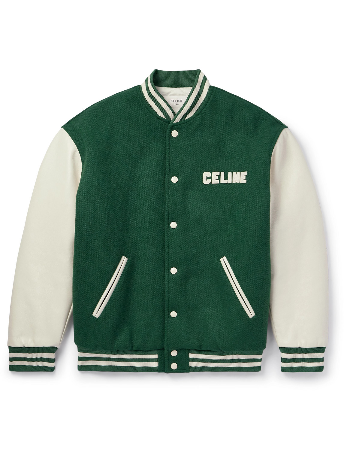 Celine Teddy Logo-appliquéd Wool-blend And Leather Varsity Jacket In Animal Print