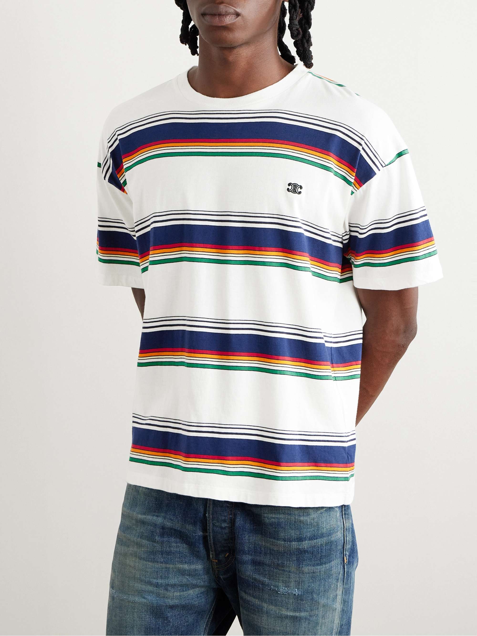 CELINE HOMME Logo-Embroidered Striped Cotton-Jersey T-Shirt for Men ...