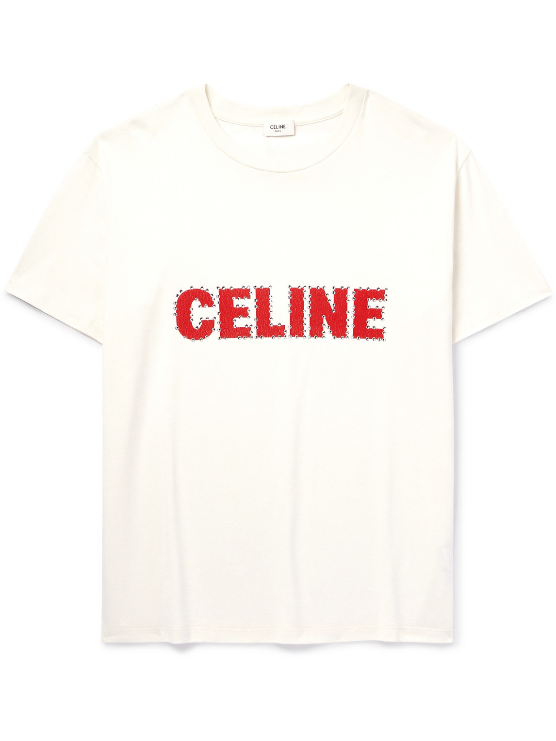 Celine Crystal-embellished Logo-print Cotton-jersey T-shirt In Neutral