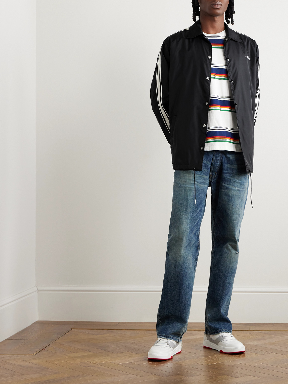 Celine Striped Webbing-trimmed Logo-print Nylon Jacket In Black
