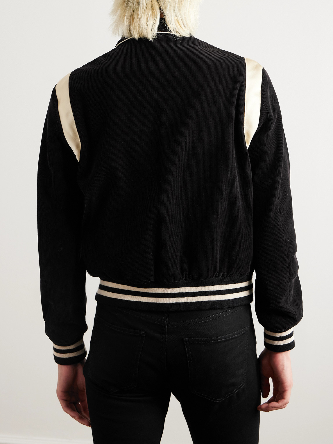 Celine Satin-trimmed Cotton-corduroy Bomber Jacket In Black