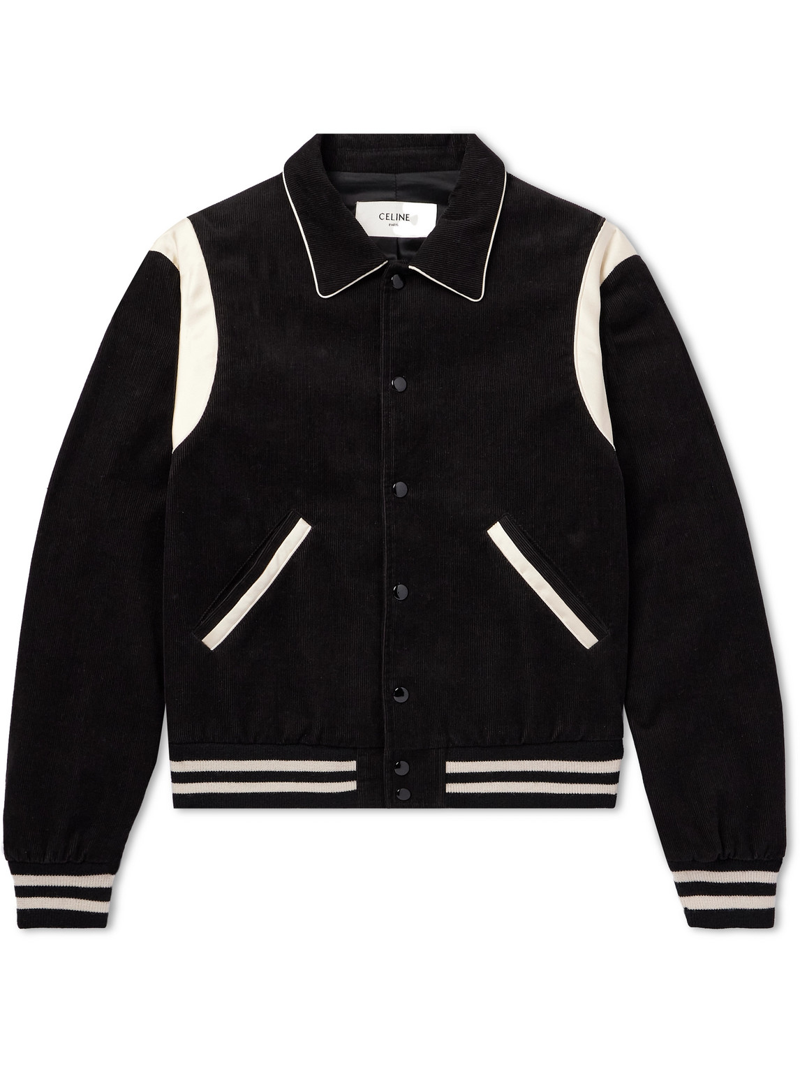 Celine Satin-trimmed Cotton-corduroy Bomber Jacket In Black