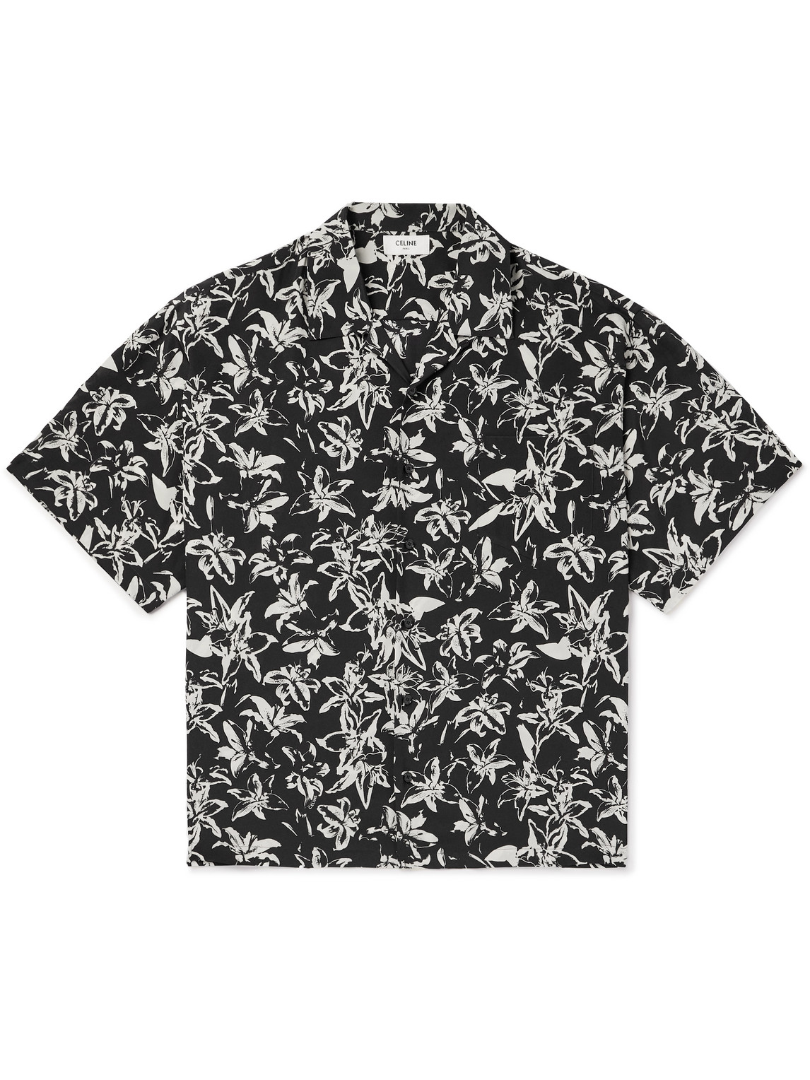 Celine Camp-collar Floral-print Silk-satin Shirt In Black