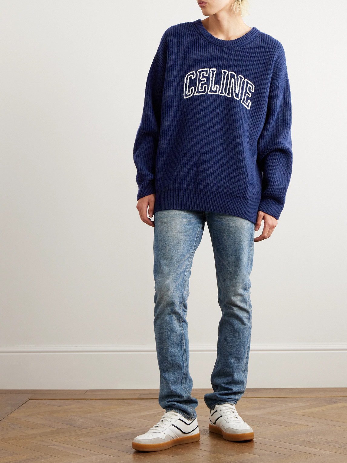 Celine Logo-embroidered Ribbed Wool Sweater In Animal Print