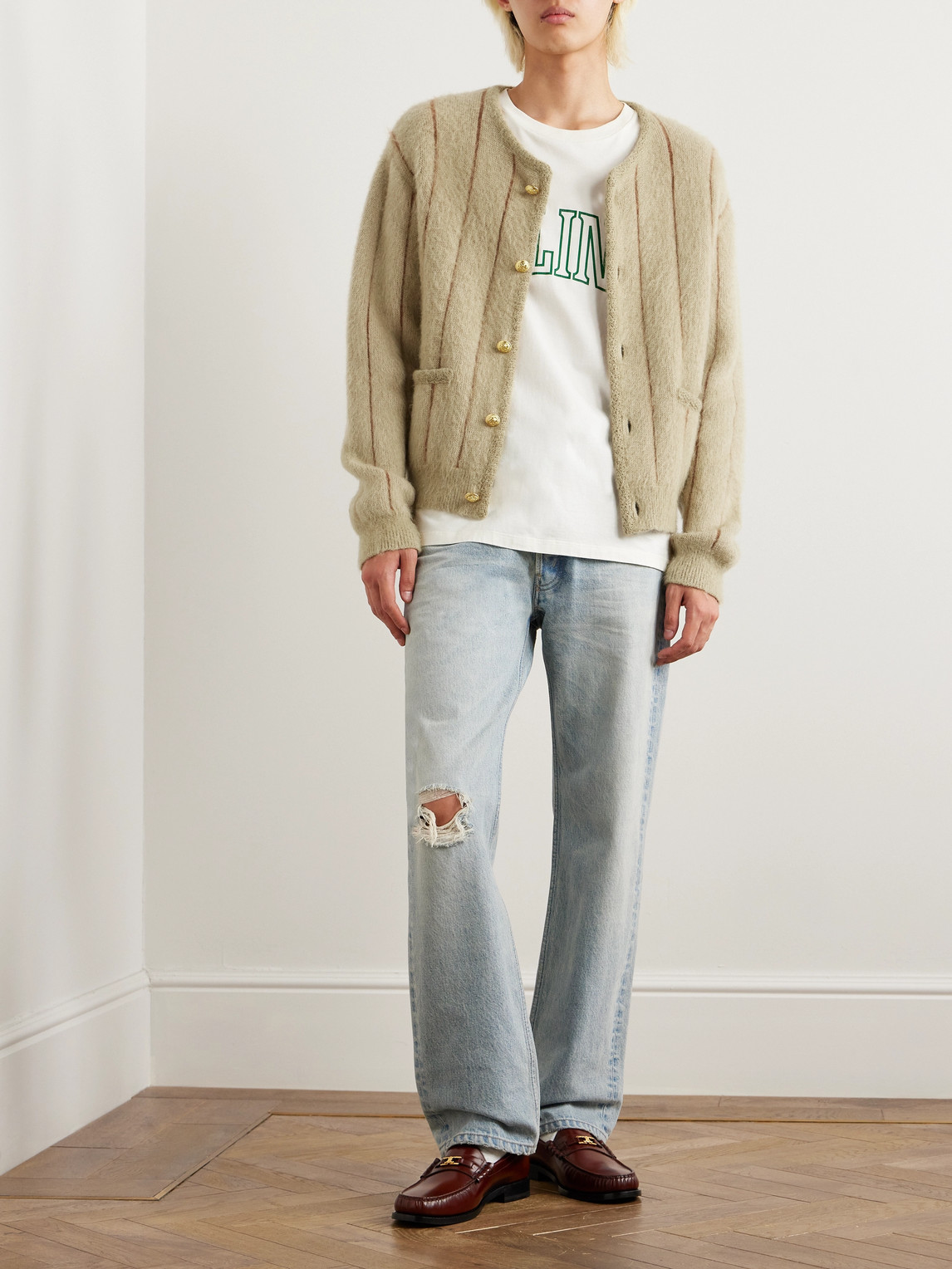 Celine Striped Mohair-blend Cardigan In Brown
