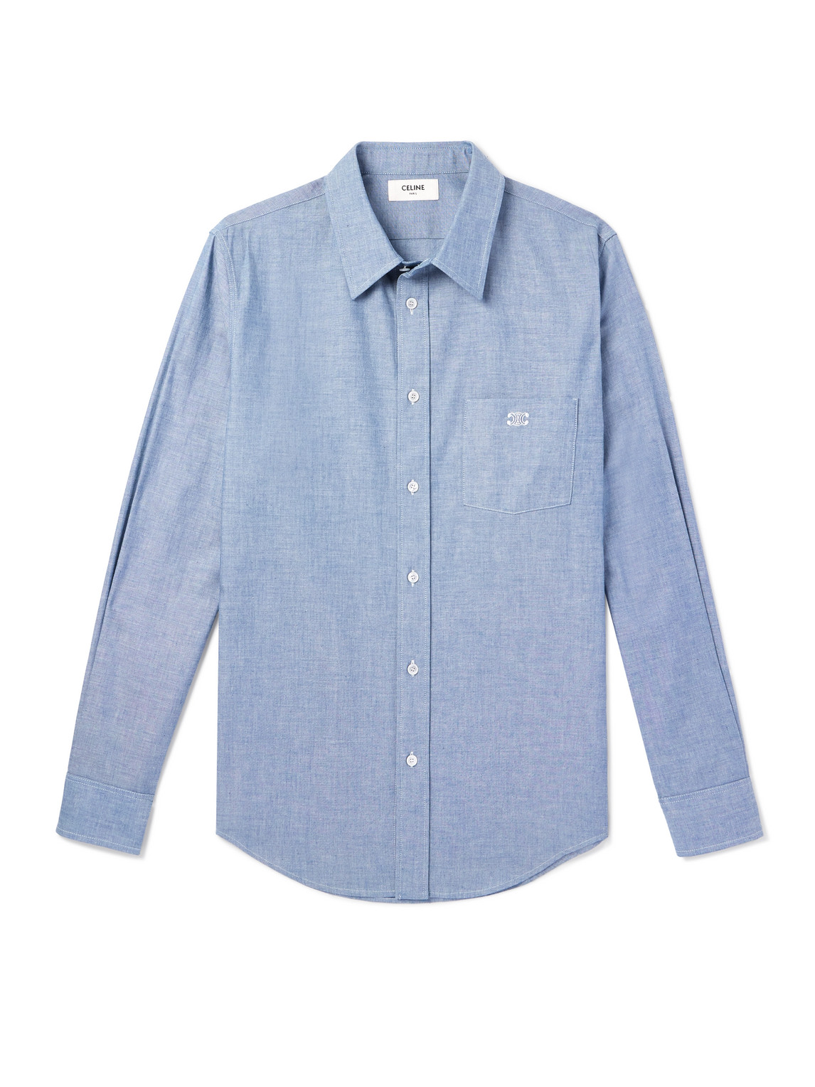Celine Logo-embroidered Cotton-chambray Shirt In Green