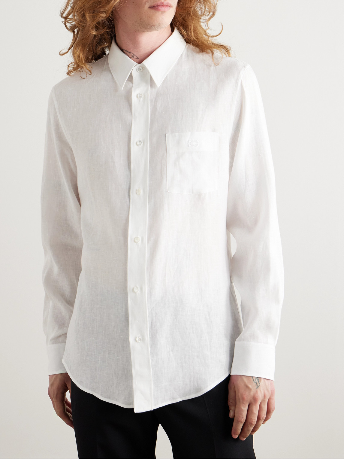 Celine Logo-embroidered Linen Shirt In White