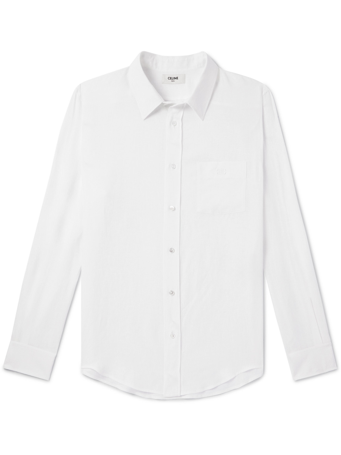 Celine Logo-embroidered Linen Shirt In White