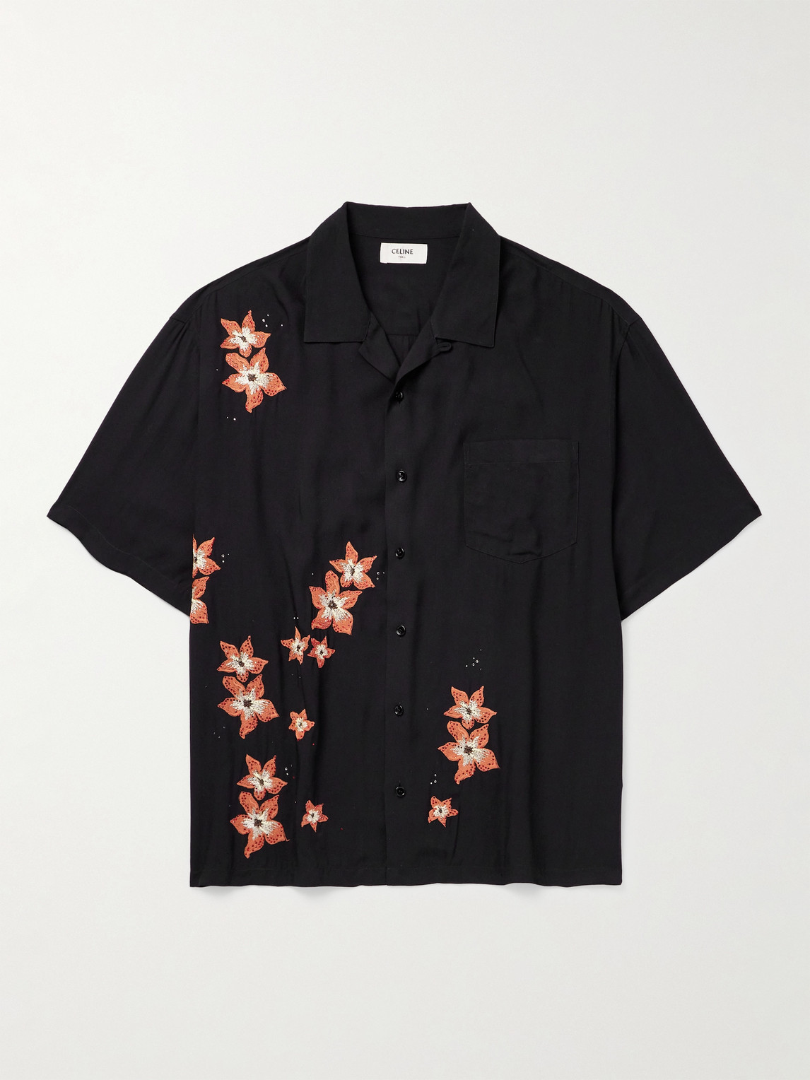 Camp-Collar Crystal-Embellished Embroidered Satin Shirt