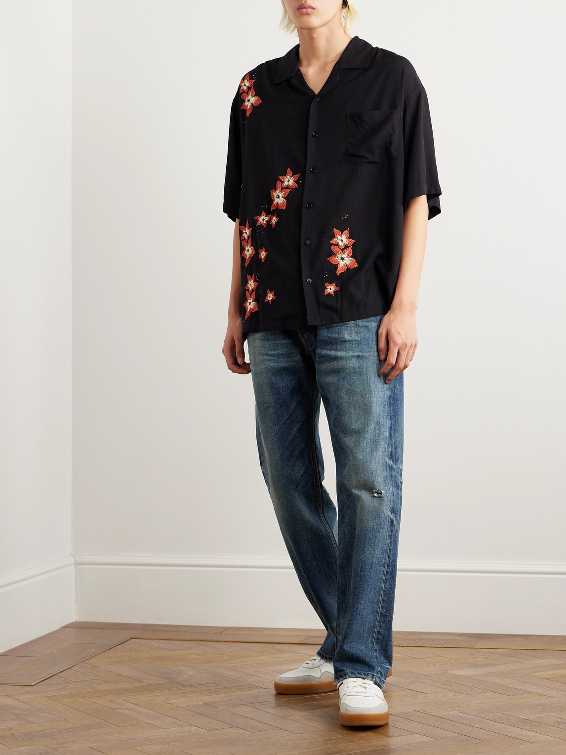 Camp-Collar Crystal-Embellished Embroidered Satin Shirt — 2