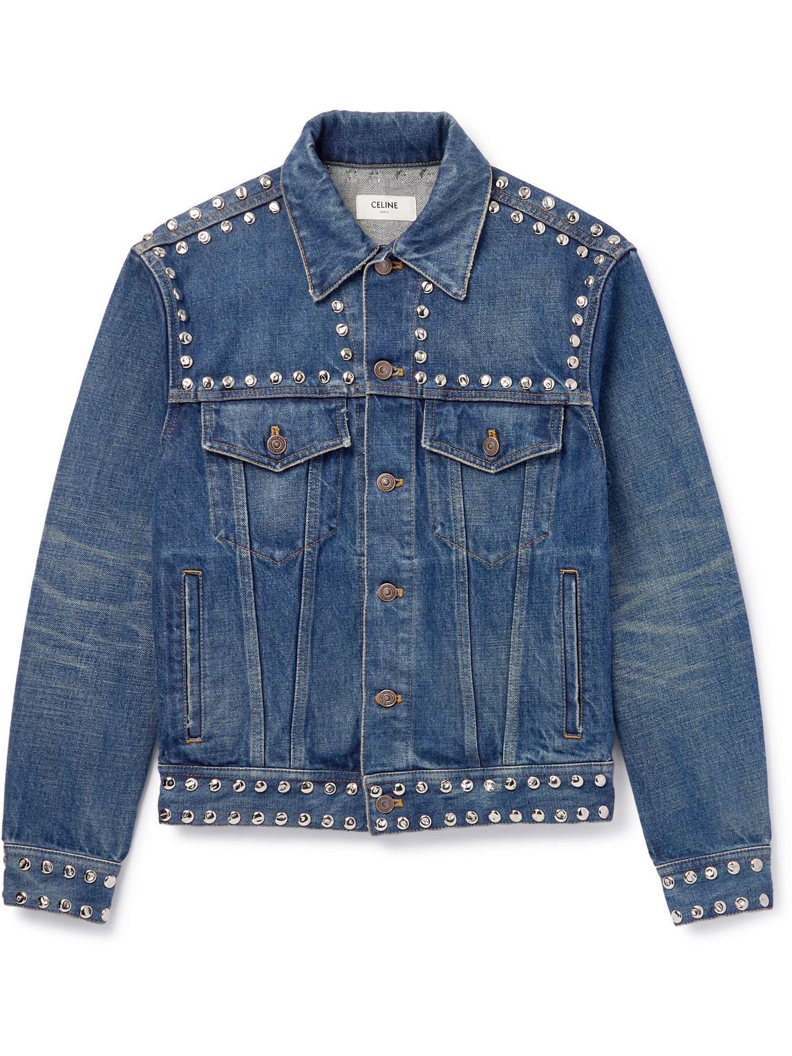 Celine Slim-fit Studded Denim Trucker Jacket In Gold