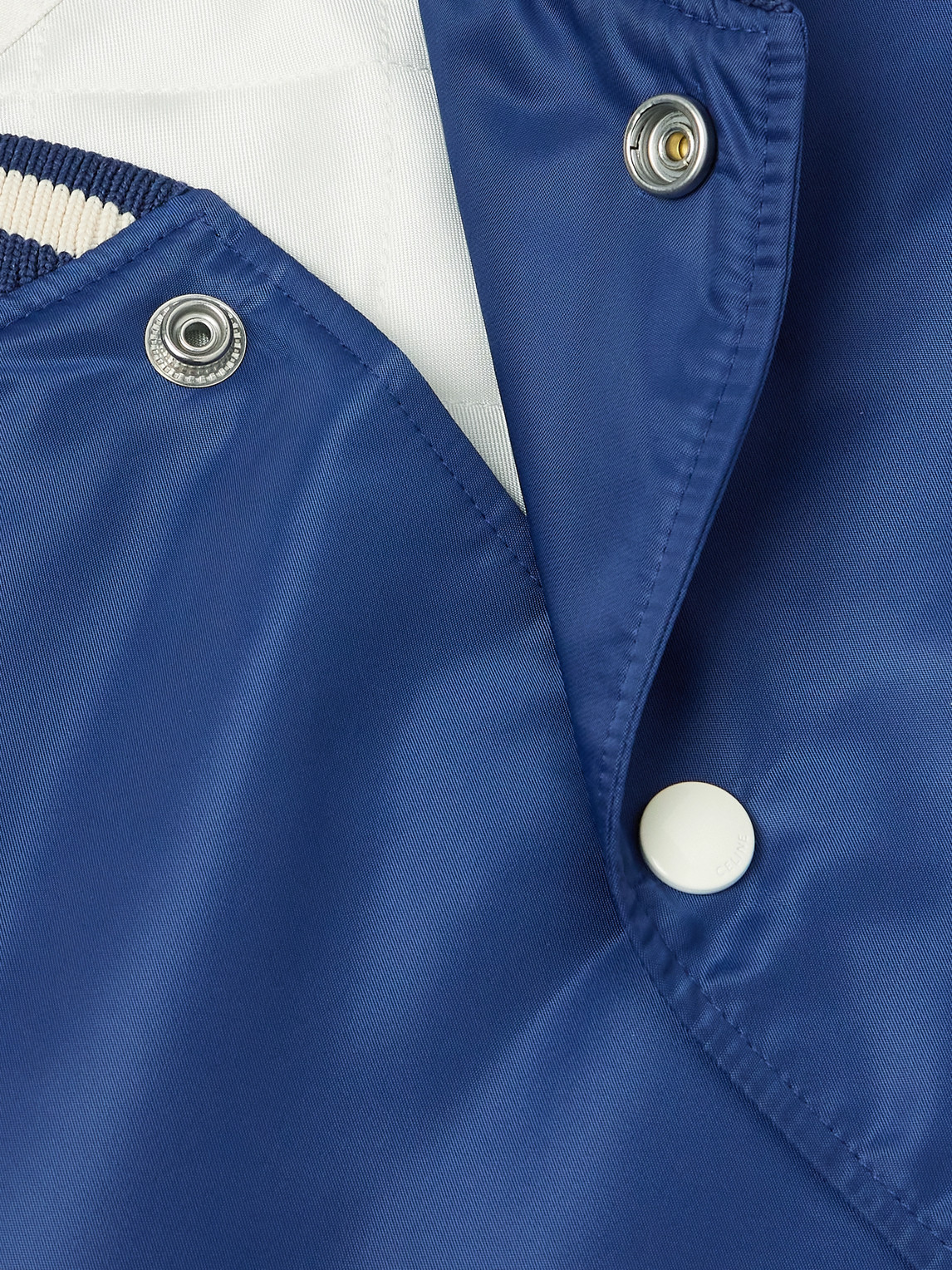 Celine Logo-appliquéd Striped Satin Bomber Jacket In Blue