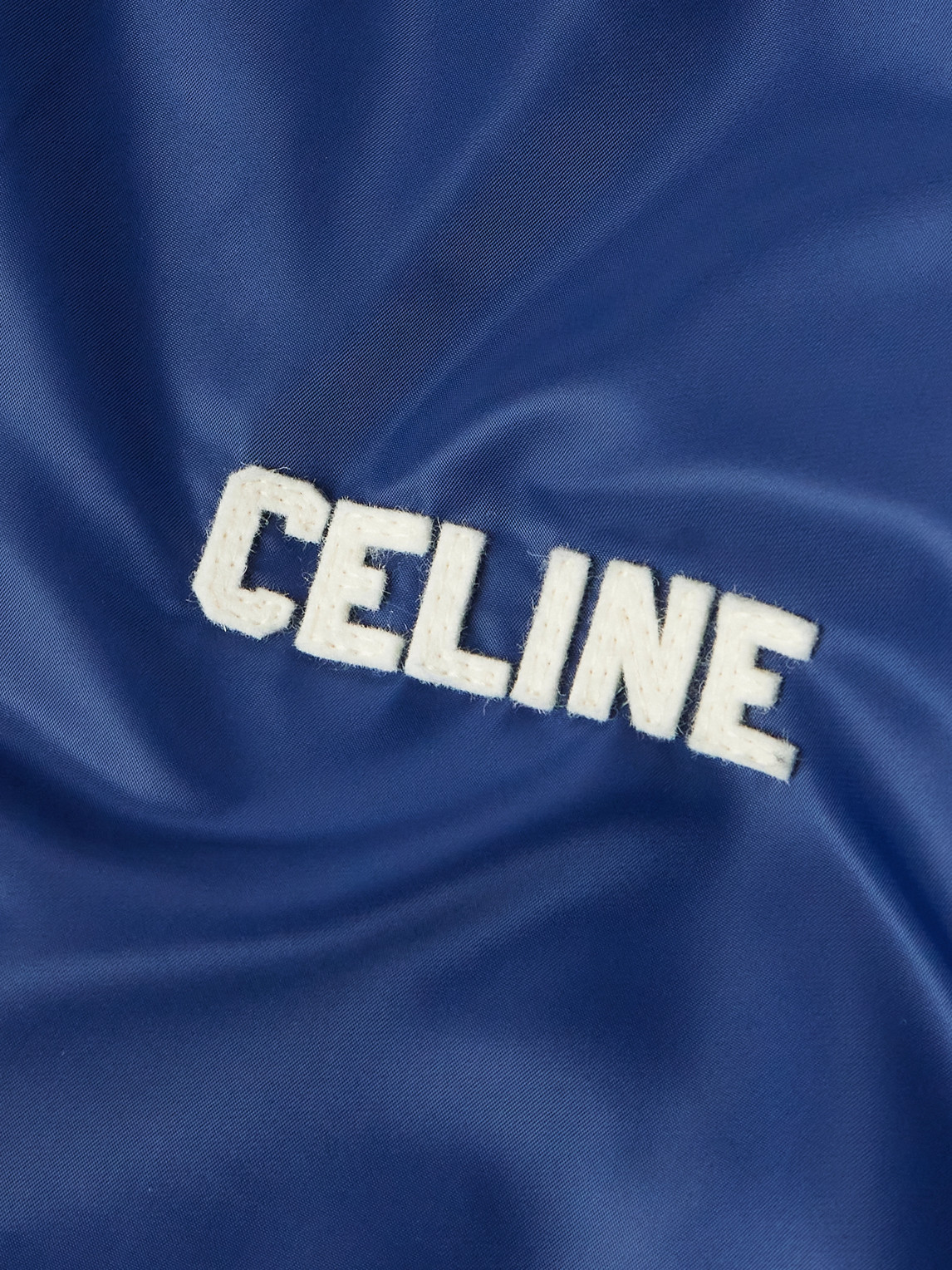 Celine Logo-appliquéd Striped Satin Bomber Jacket In Blue