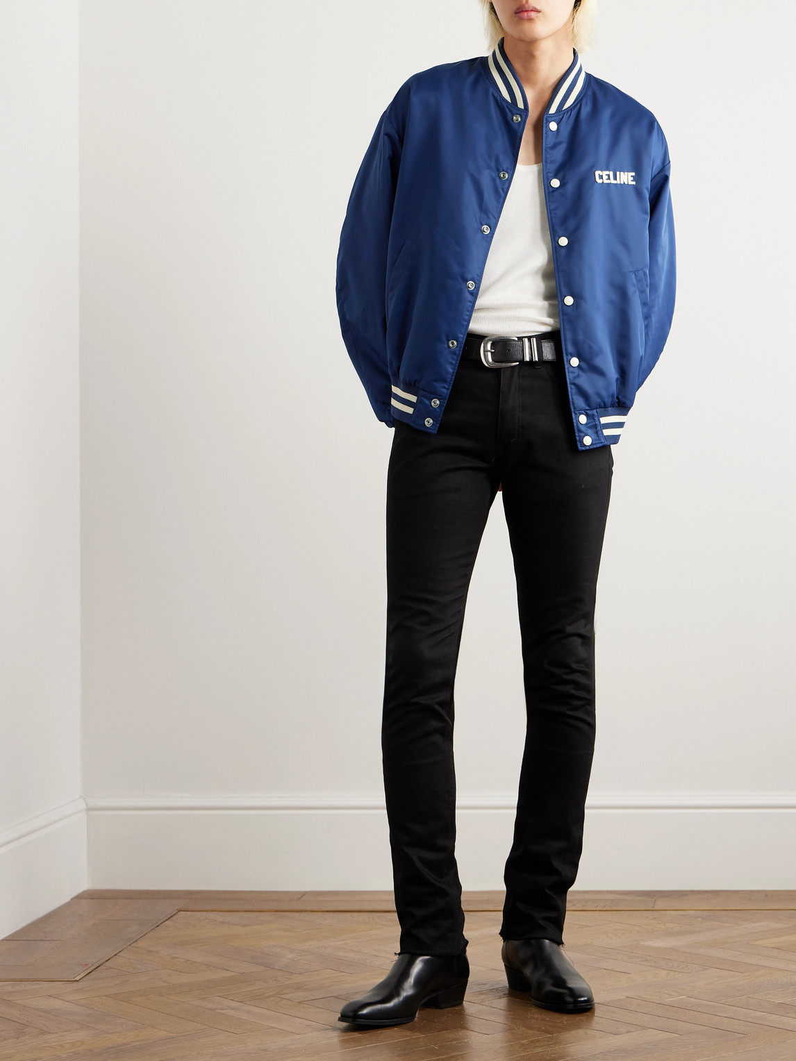 Celine Logo-appliquéd Striped Satin Bomber Jacket In Blue