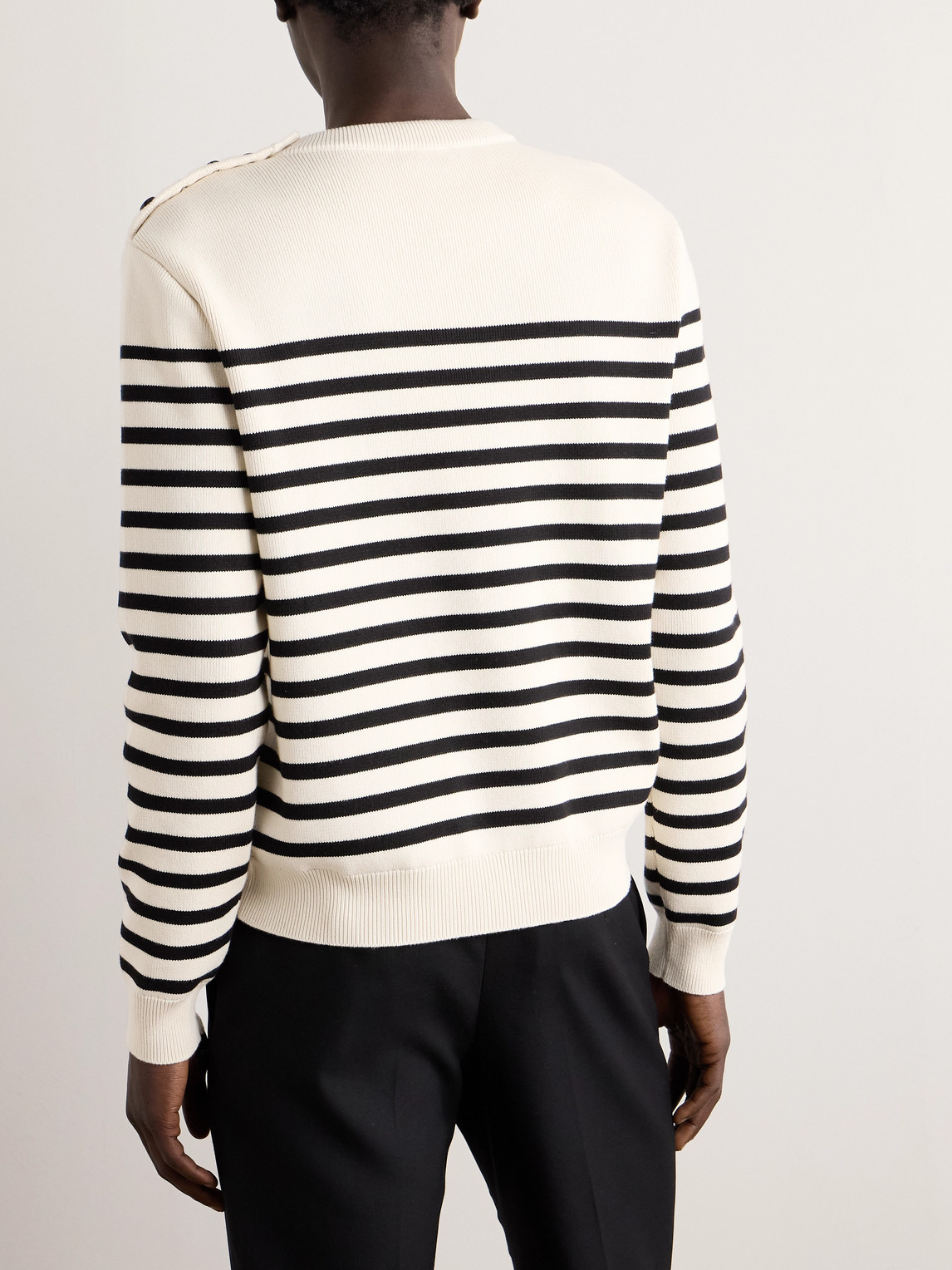 Celine Logo-flocked Striped Button-embellished Cotton Sweater In Neutral