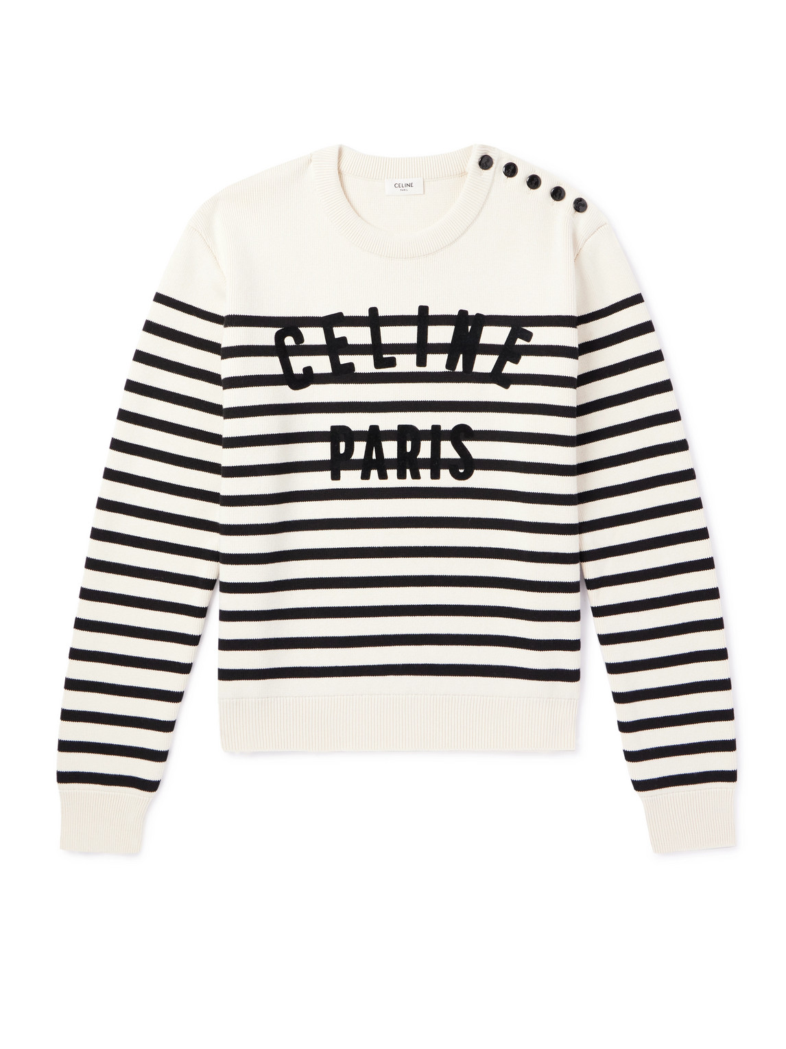 Celine Logo-flocked Striped Button-embellished Cotton Sweater In Neutral
