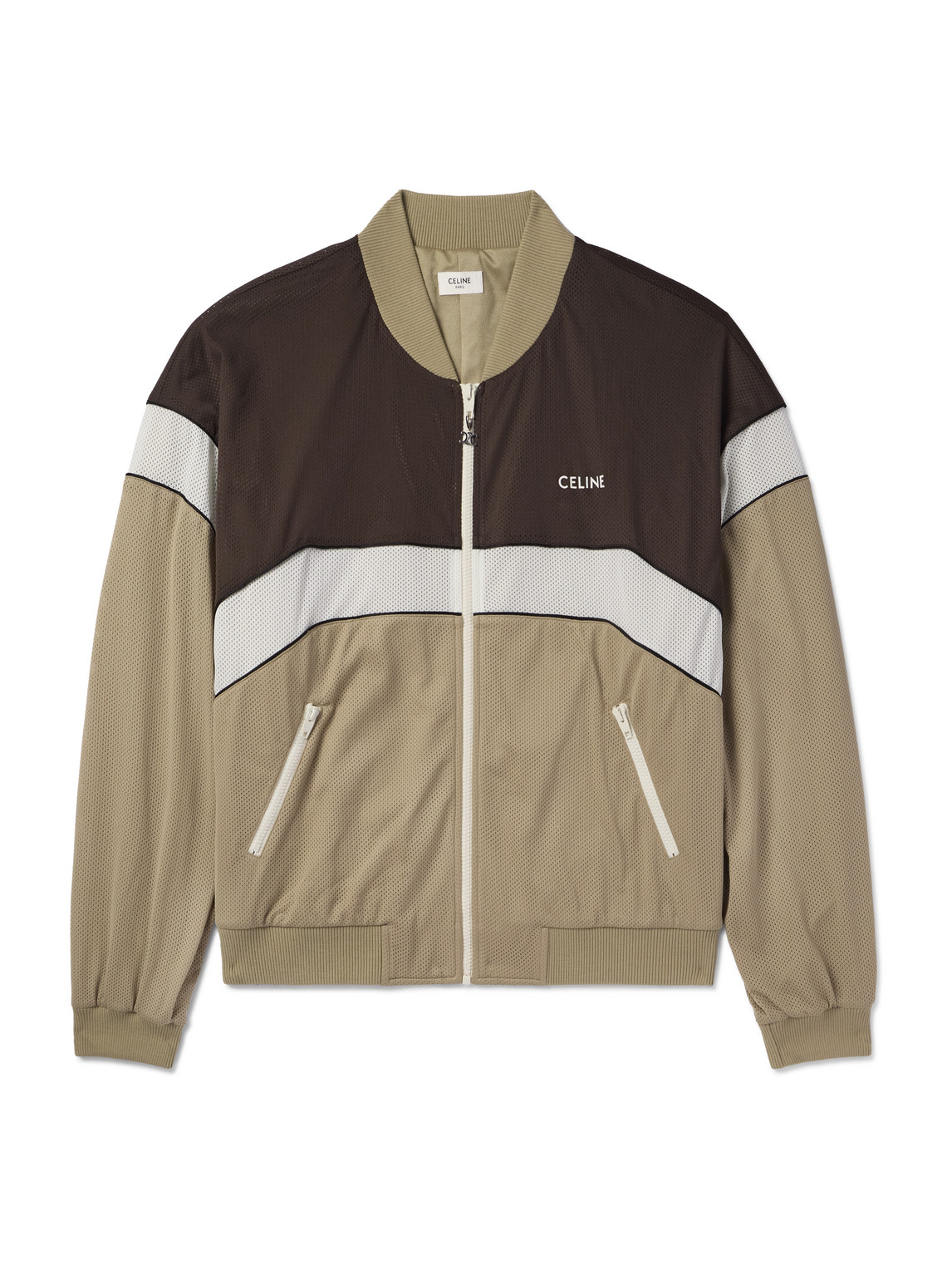 Celine Logo-print Colour-block Mesh Track Jacket In Black