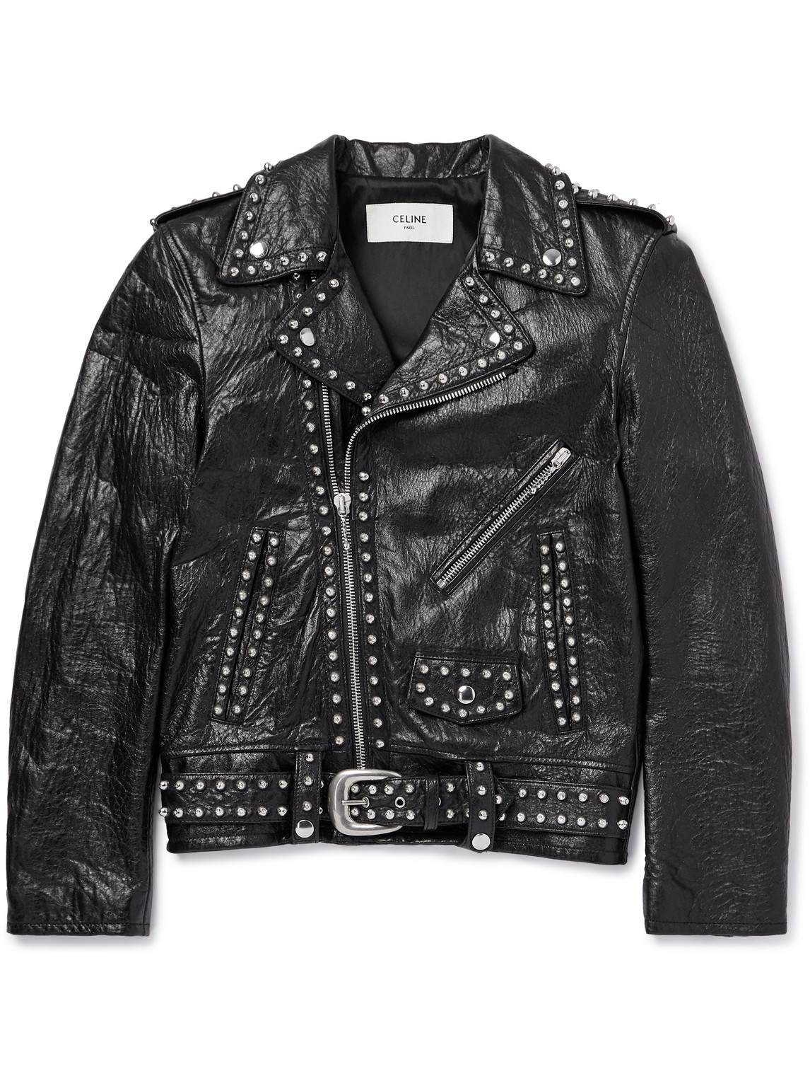 Celine Studded Belted Textured-leather Jacket In Black