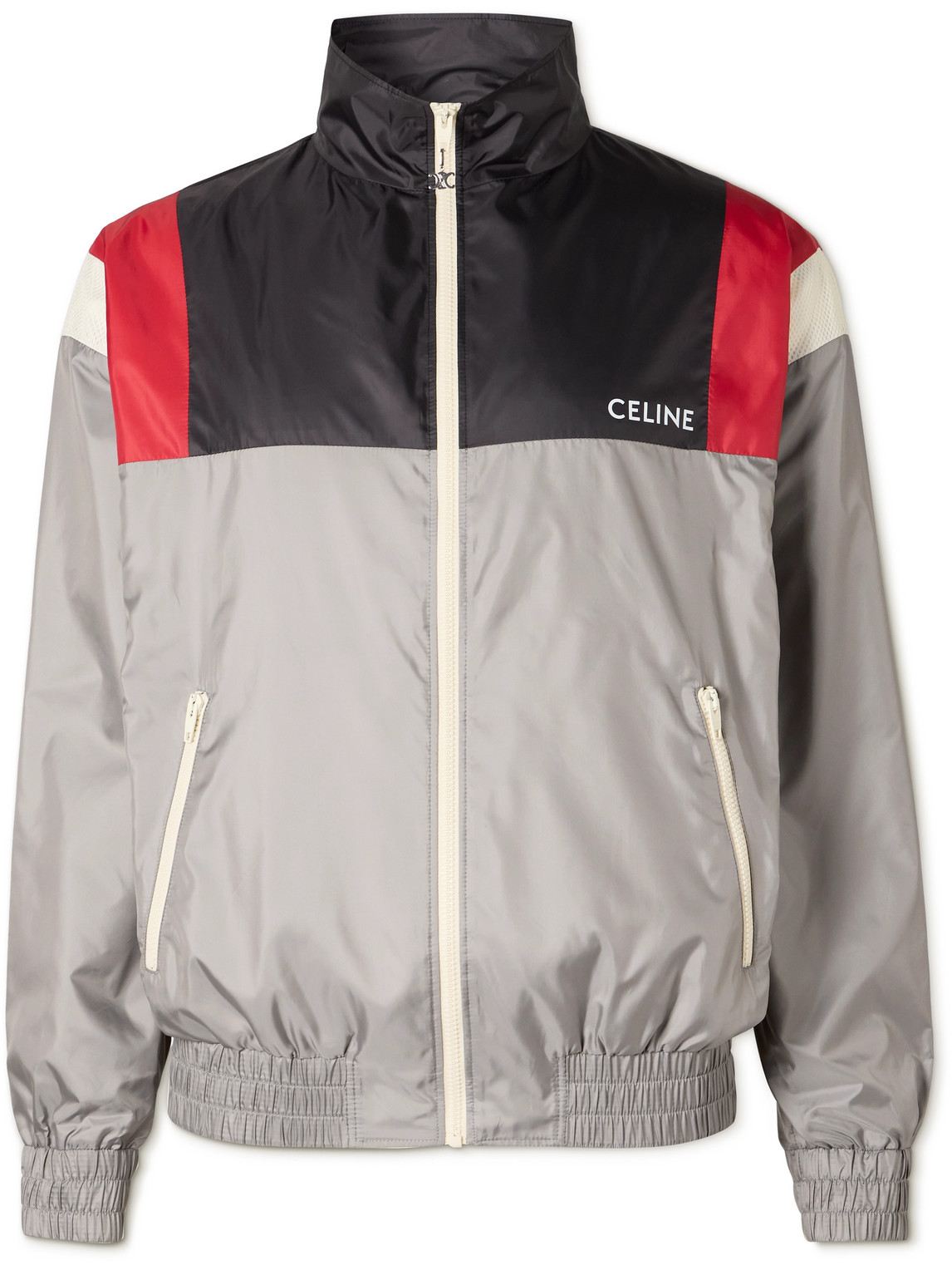 Celine Logo-print Mesh-trimmed Colour-block Nylon Track Jacket In Gray