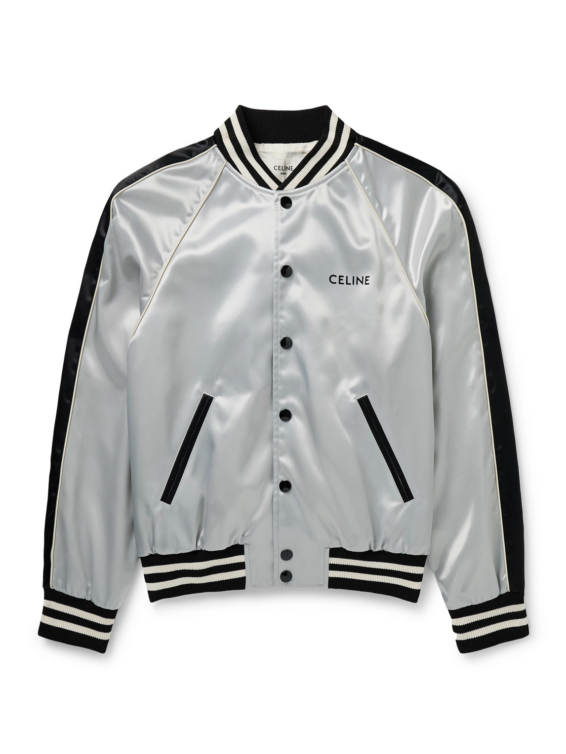 Celine Striped Satin Bomber Jacket In Silver