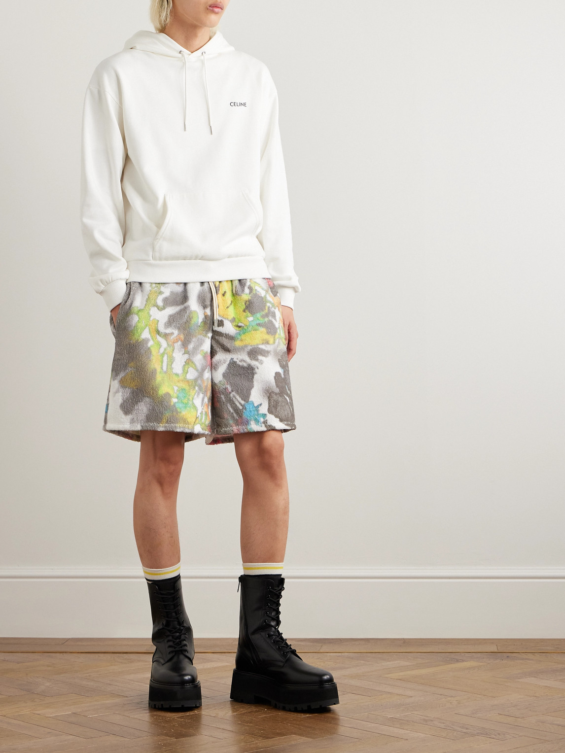 Celine Straight-leg Tie-dyed Cotton-terry Drawstring Shorts In Gray