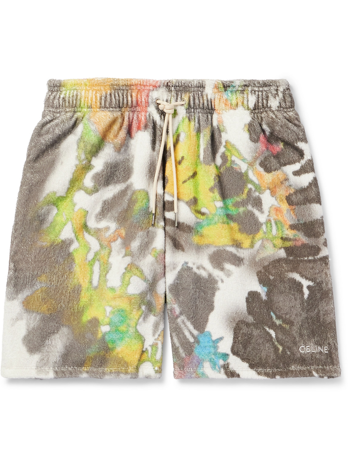 Celine Straight-leg Tie-dyed Cotton-terry Drawstring Shorts In Gray