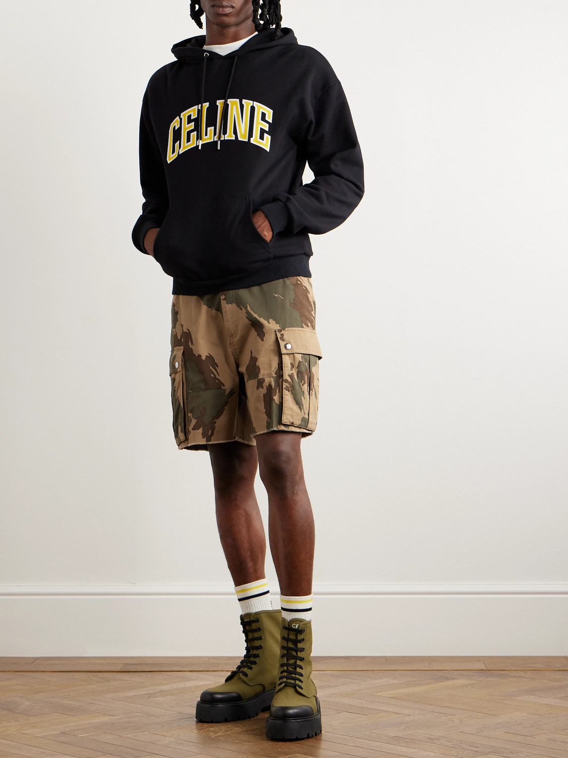 Celine Straight-leg Camouflage-print Cotton-twill Cargo Shorts In Green