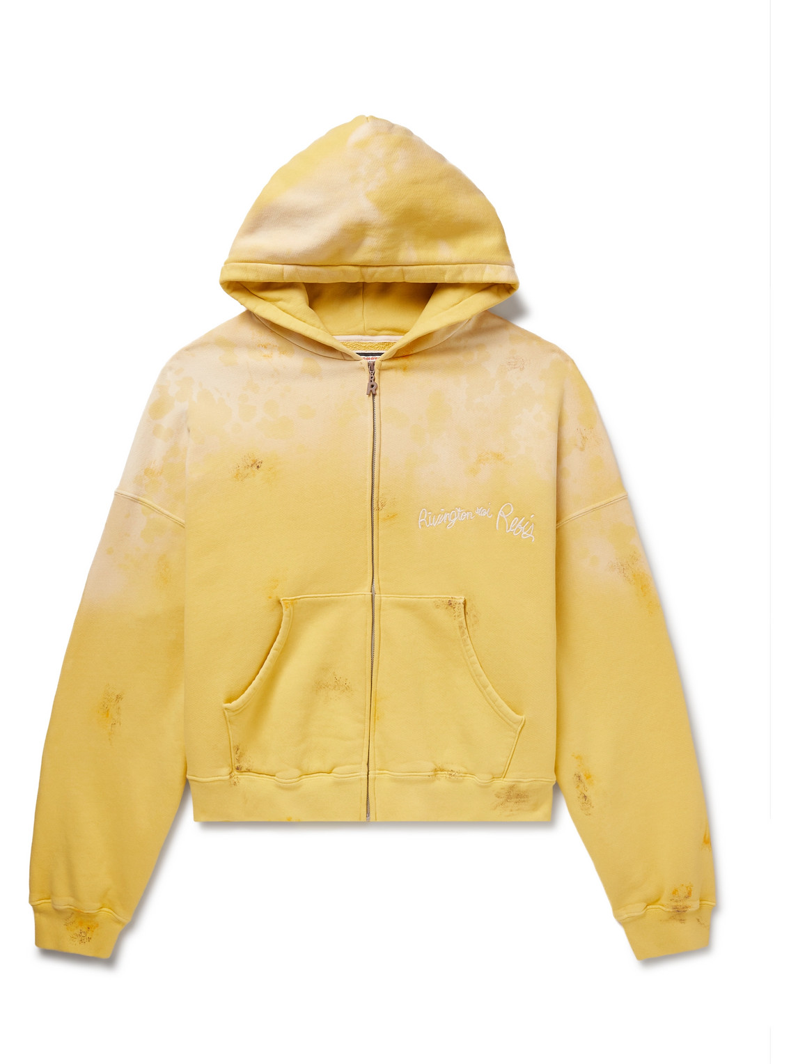 Rrr123 Gym Bag Logo-embroidered Paint-splattered Cotton-jersey Zip-up Hoodie In Yellow