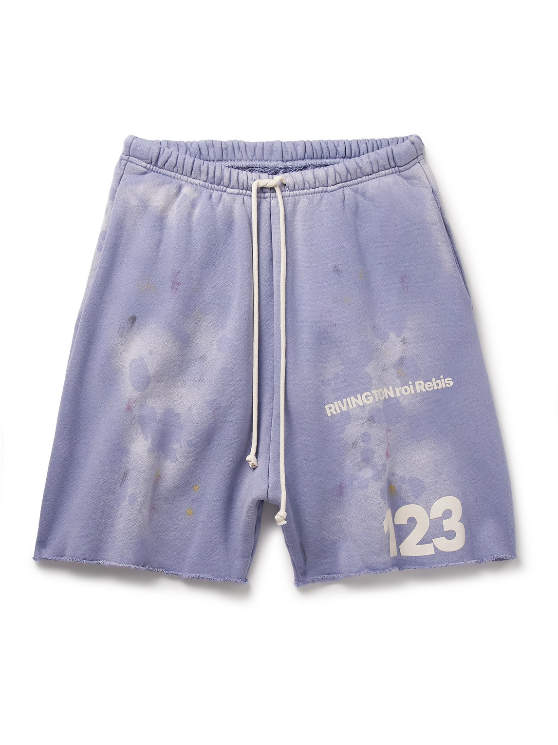 Rrr123 Gym Bag Straight-leg Logo-print Paint-splattered Cotton-jersey Drawstring Shorts In Purple