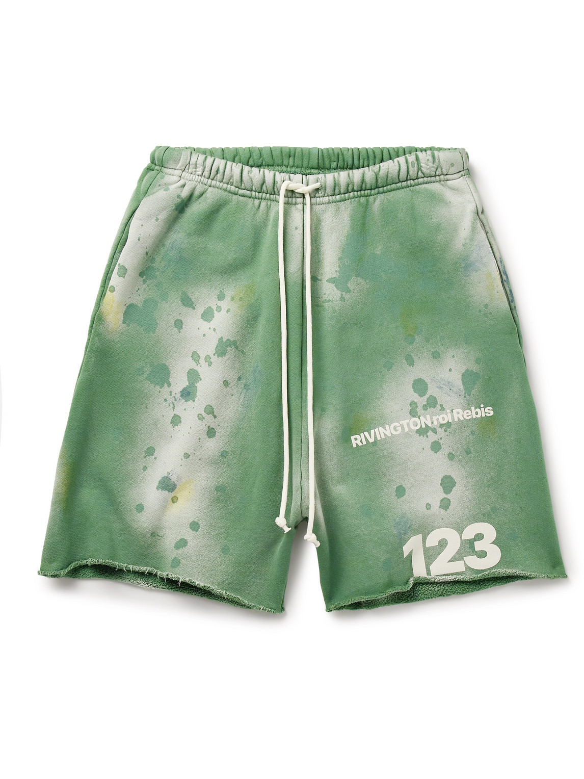 Rrr123 Gym Bag Straight-leg Logo-print Paint-splattered Cotton-jersey Drawstring Shorts In Green