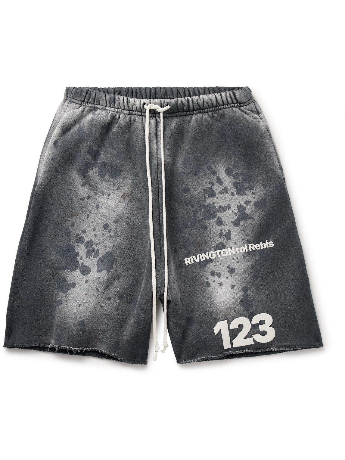 Rrr123 Gym Bag Straight-leg Logo-print Paint-splattered Cotton-jersey Drawstring Shorts In Black
