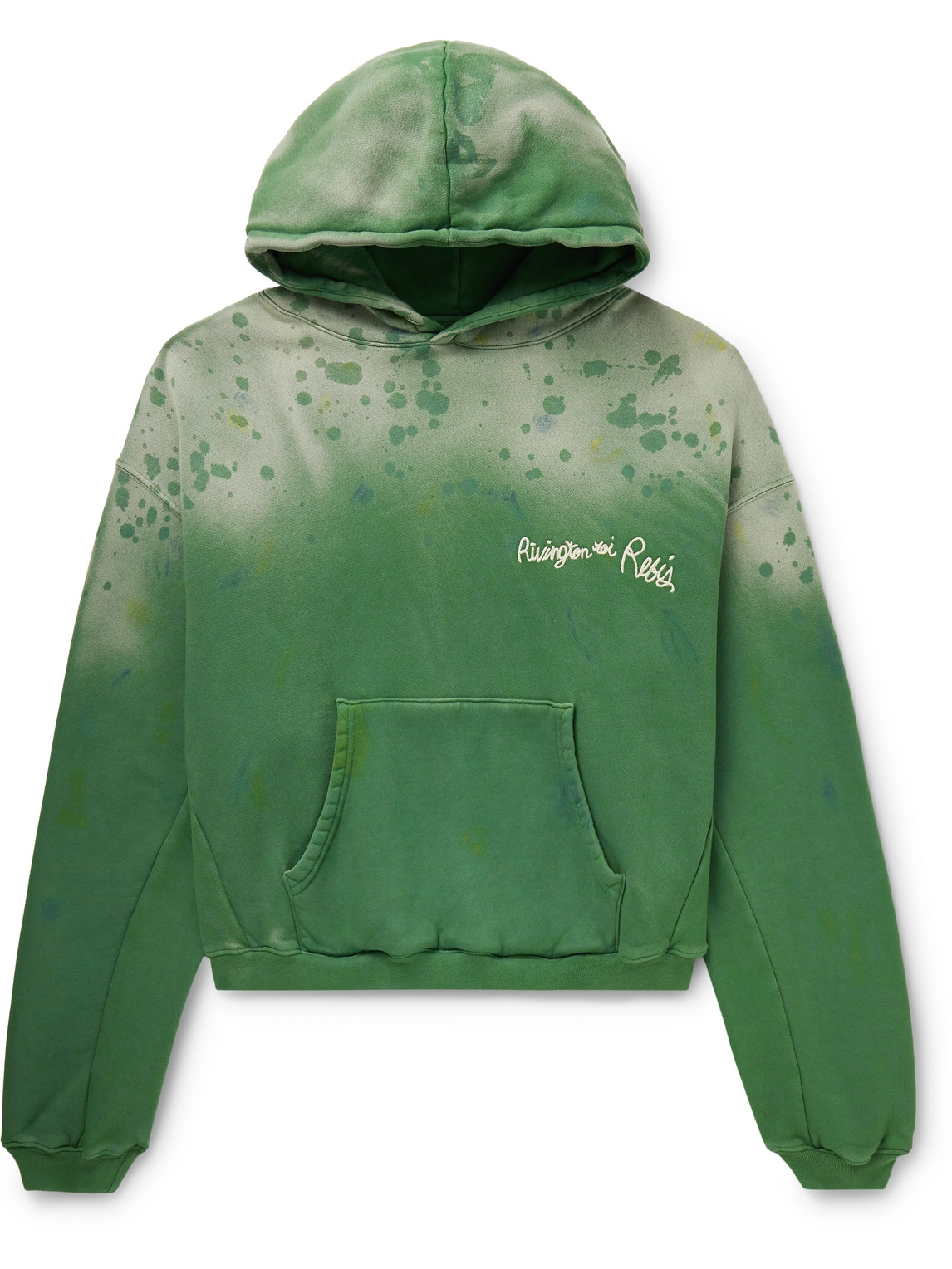 Rrr123 Gym Bag Logo-embroidered Paint-splattered Cotton-jersey Hoodie In Green