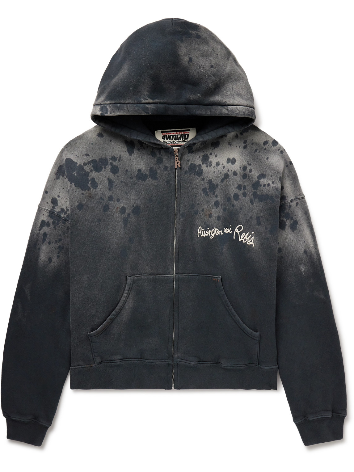 Rrr123 Gym Bag Logo-embroidered Paint-splattered Cotton-jersey Zip-up Hoodie In Black