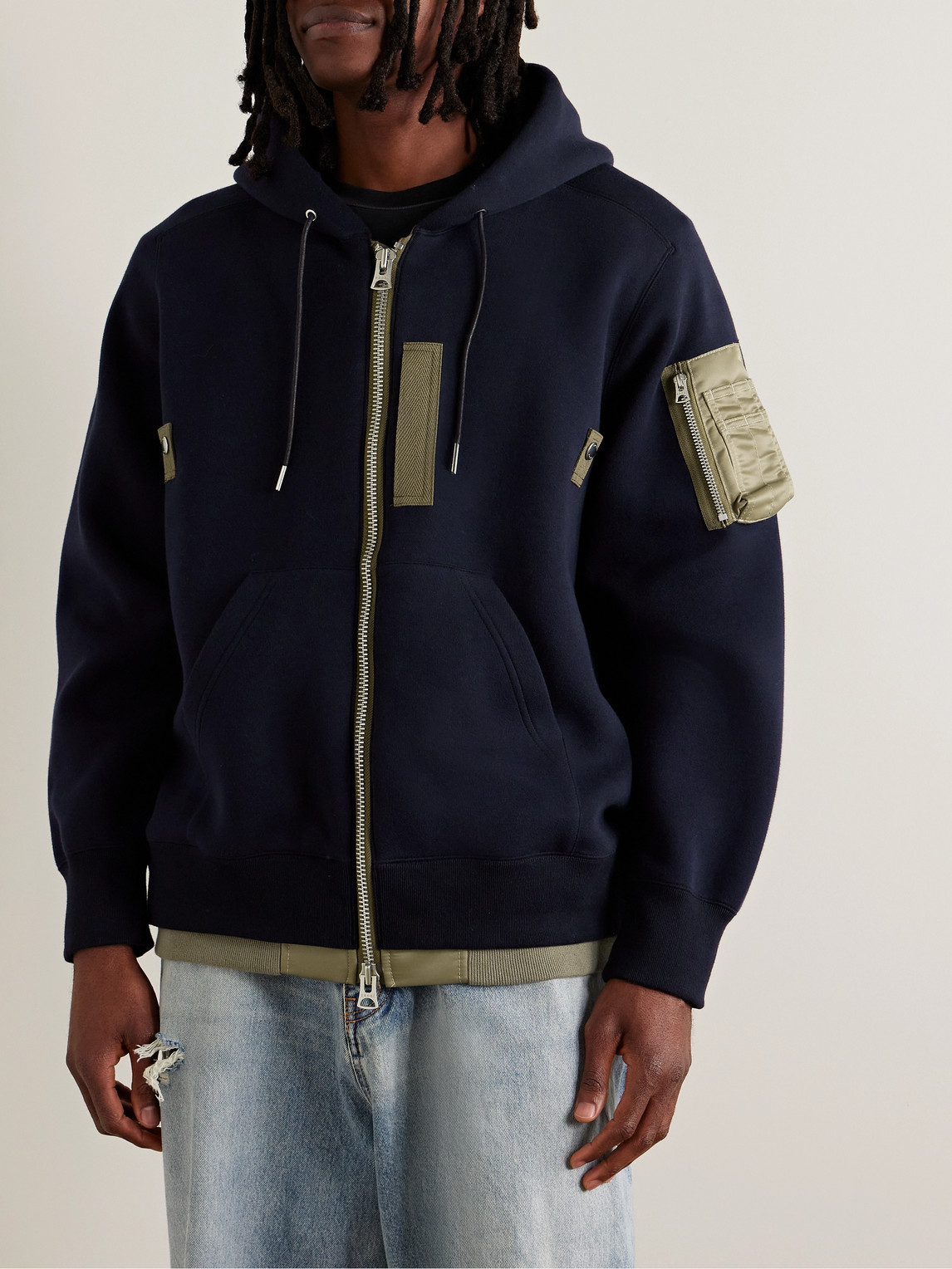 Shop Sacai Nylon-trimmed Cotton-blend Jersey Zip-up Hoodie In Blue