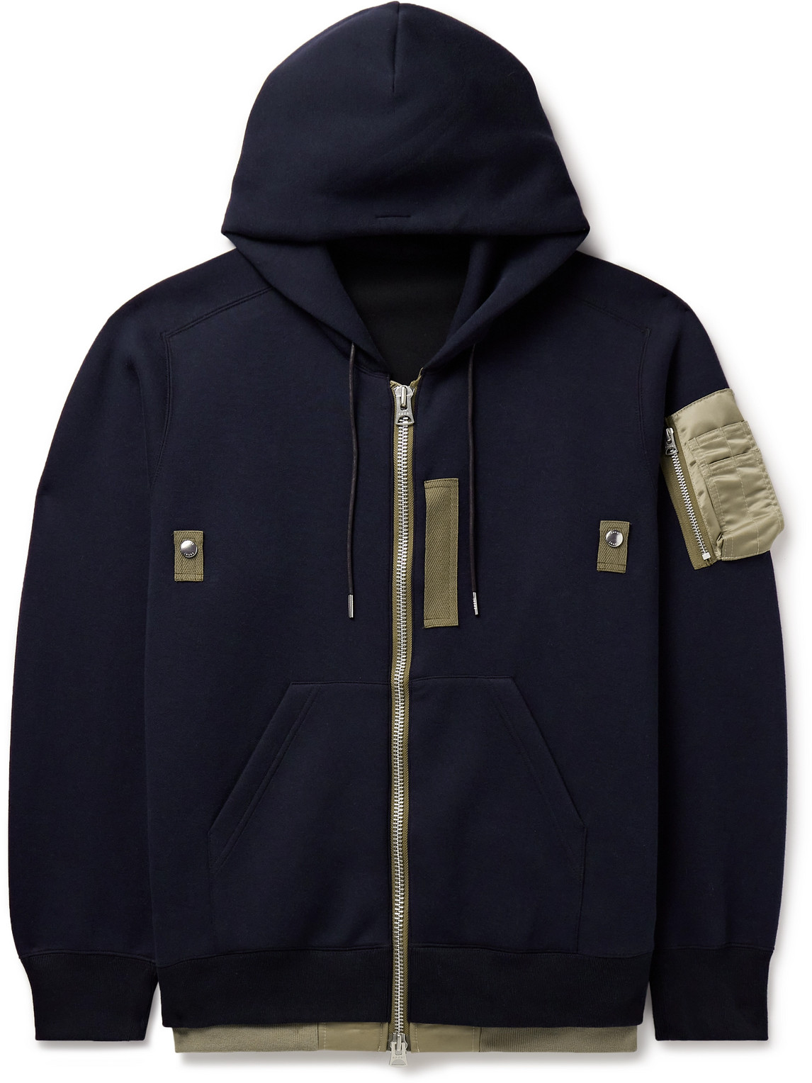 Shop Sacai Nylon-trimmed Cotton-blend Jersey Zip-up Hoodie In Blue