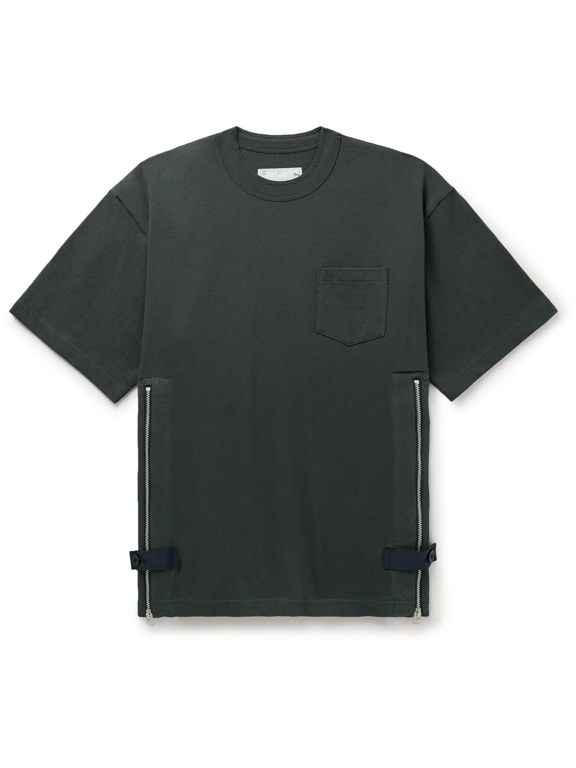 Sacai Grosgrain-trimmed Button And Zip-detailed Cotton-jersey T-shirt In Gray