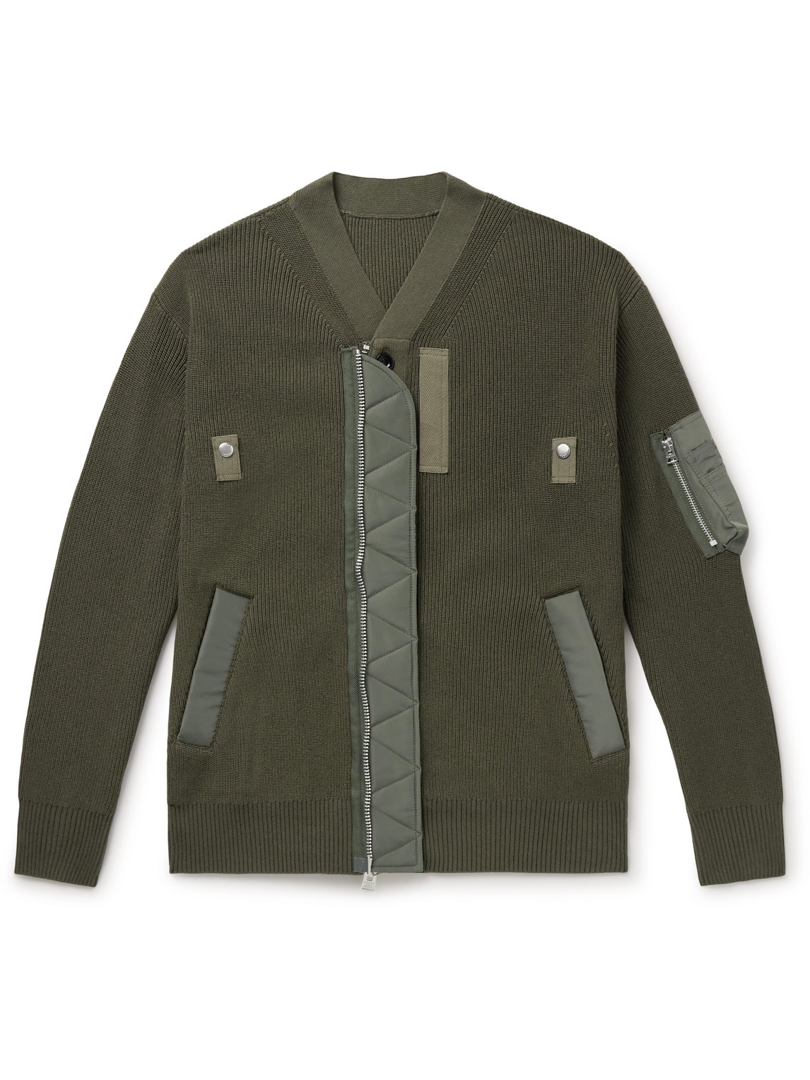 Sacai Nylon-trimmed Cotton-blend Cardigan In Green