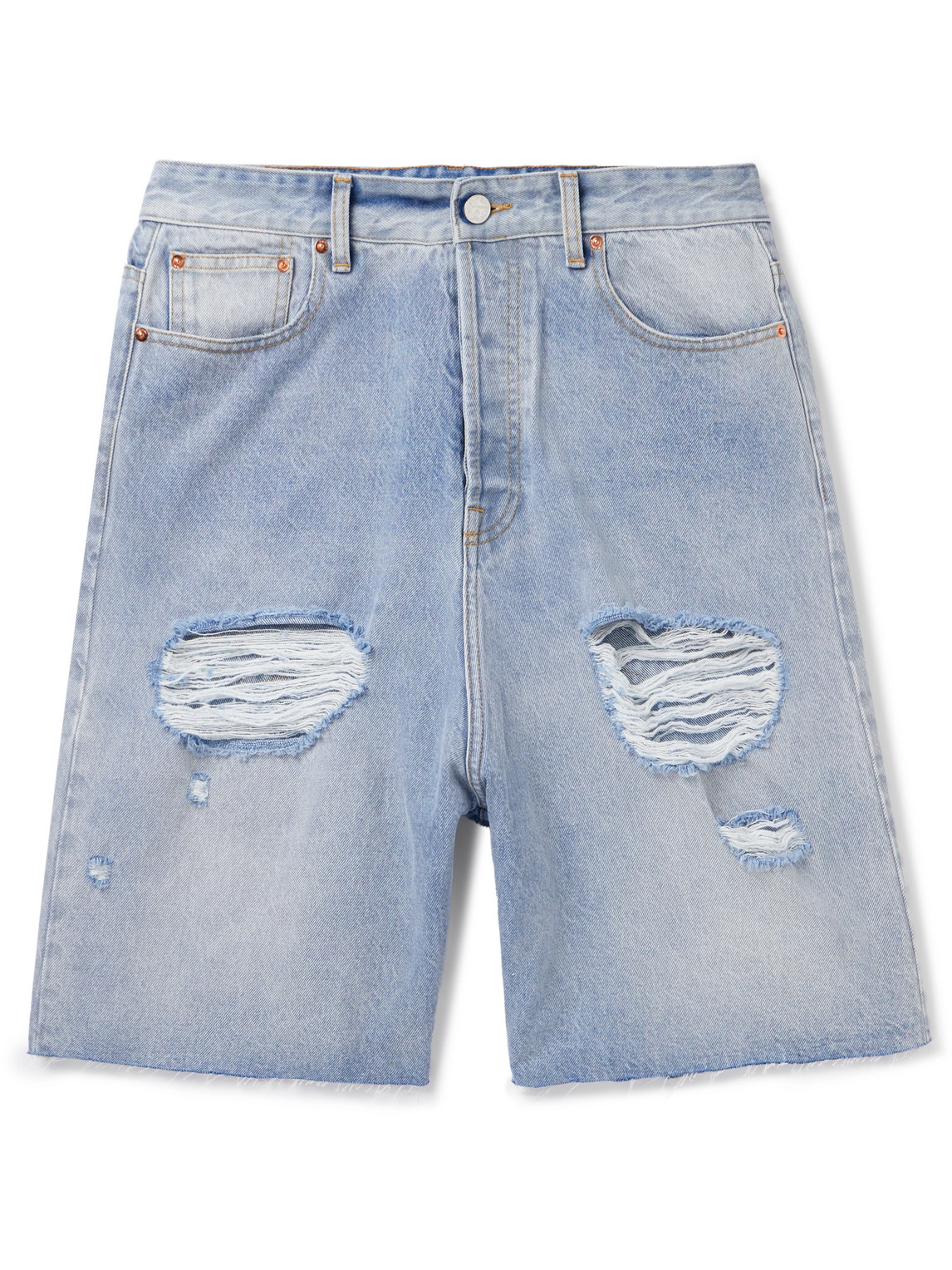 Vetements Destroyed Wide-leg Distressed Denim Shorts In Blue