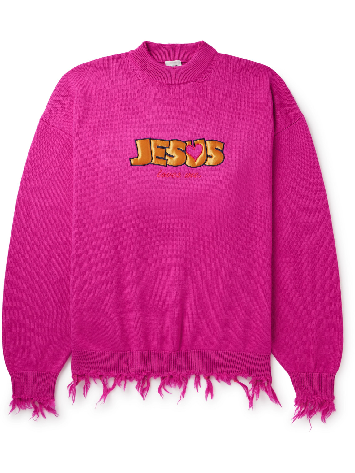 Vetements Jesus Loves You Distressed Merino Wool Sweater In Pink